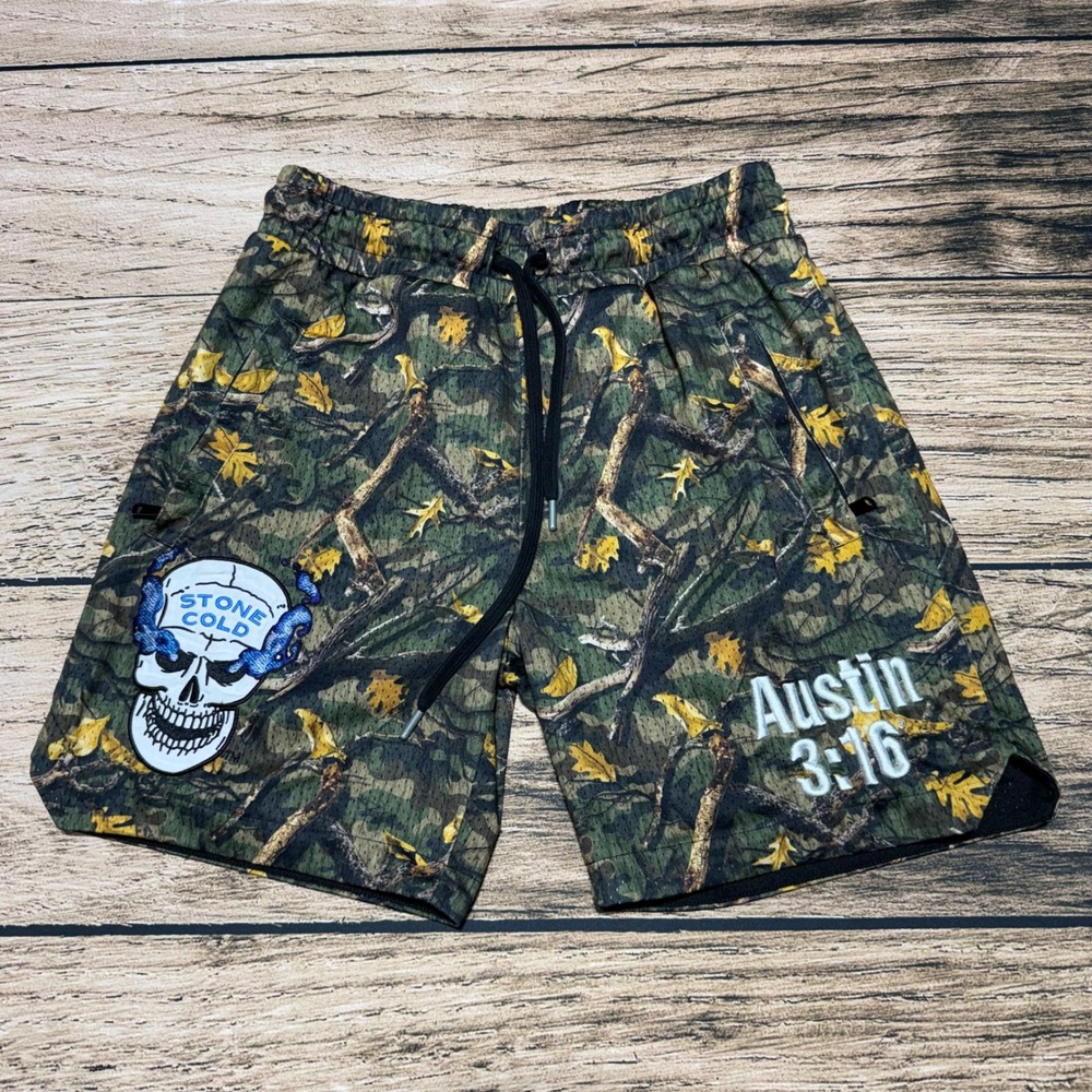 WWE Shoe Palace Shorts Mens Small Camo Stone Cold Steve Austin 3:16 Mesh Skull